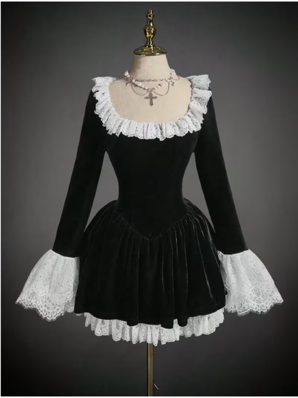 Addams family gothic Black Velvet Lace-Trim Square Neck Dress